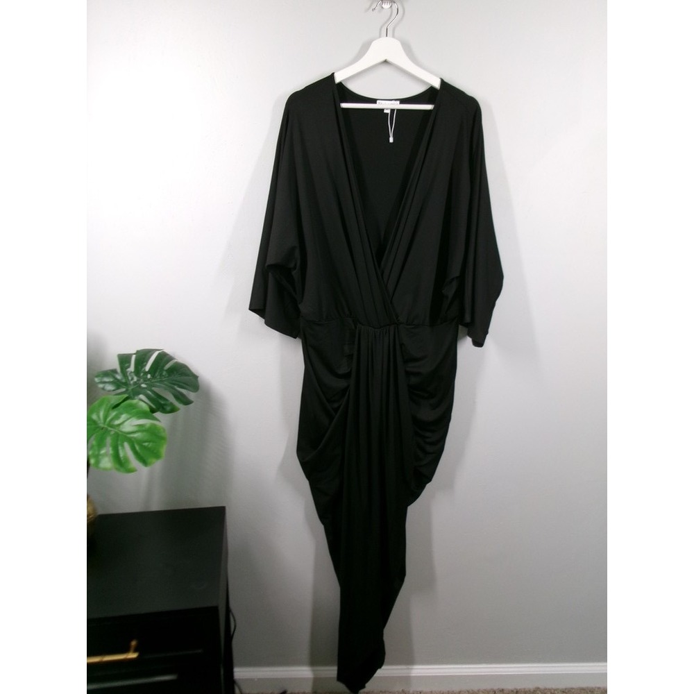 BALTIC BORN Dress Size 3X MIMI Black Ruched Faux Wrap Midi Draped - Picture 3 of 14